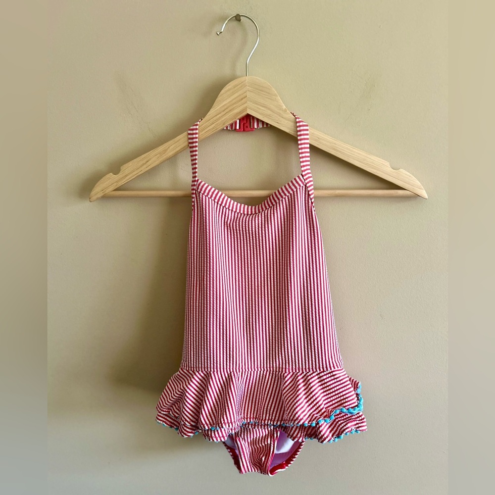 Mini Boden | Kids Red & White Striped Swimsuit with Blue Ruffle Detail Size 3-4Y